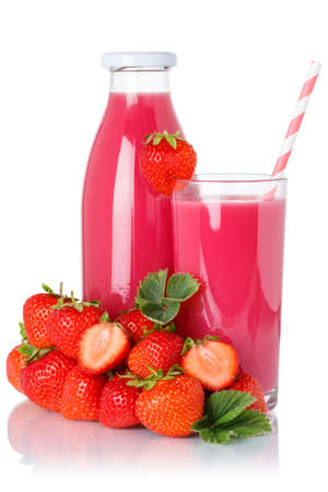 Strawberry smoothie fruit juice drink strawberries glass and bottle isolated on a white backgroundの写真素材