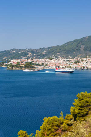 Skiathos island Greece city overview town Mediterranean Sea Aegean portrait format travel travelingの写真素材