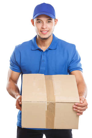 Parcel delivery service box package delivering job logistics young latin man isolated on a white backgroundの写真素材