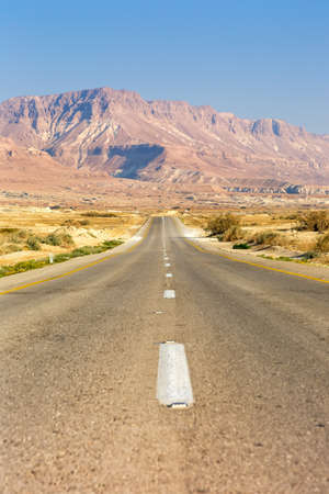 Endless road driving drive empty desert landscape portrait format loneliness infinite distance travelの写真素材