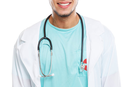 Young doctor smiling happy upper body occupation job isolated on a white backgroundの写真素材