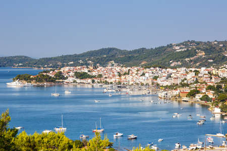 Skiathos island Greece port harbor city overview town landscape Mediterranean Sea Aegean travel travelingの写真素材