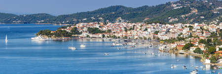 Skiathos island Greece port harbor panoramic view landscape Mediterranean Sea Aegean travel travelingの写真素材