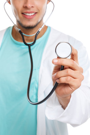 Doctor with stethoscope heart breathing checkup check illness portrait format disease symbol picture isolated on a white backgroundの写真素材
