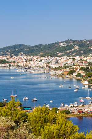 Skiathos island Greece port harbor overview portrait format landscape Mediterranean Sea Aegean travel travelingの写真素材