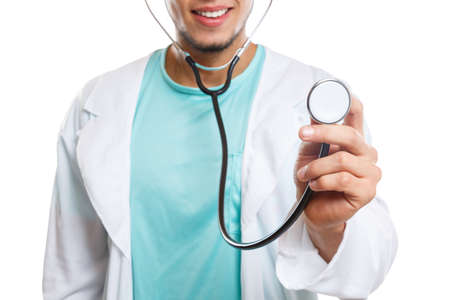 Doctor with stethoscope heart breathing checkup check illness disease symbol picture isolated on a white backgroundの写真素材