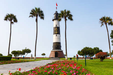 Lima Peru Lighthouse tower Faro La Marina park flowers landmark Mirafloresの写真素材