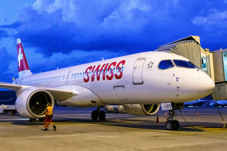 Zurich, Switzerland - July 22, 2020: Swiss Airbus A220-300 airplane at Zurich Airport (ZRH) in Switzerland. Airbus is a European aircraft manufacturer based in Toulouse, France.のeditorial素材