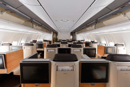 Zurich, Switzerland - July 22, 2020: Swiss Airbus A340-300 airplane Business Class cabin at Zurich Airport (ZRH) in Switzerland. Airbus is a European aircraft manufacturer based in Toulouse, France.のeditorial素材