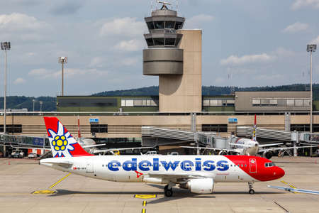 Zurich, Switzerland - July 22, 2020: Edelweiss Airbus A320 airplane at Zurich Airport (ZRH) in Switzerland. Airbus is a European aircraft manufacturer based in Toulouse, France.のeditorial素材