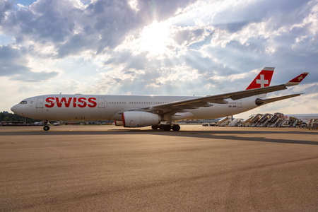 Zurich, Switzerland - July 22, 2020: Swiss Airbus A330-300 airplane at Zurich Airport (ZRH) in Switzerland. Airbus is a European aircraft manufacturer based in Toulouse, France.のeditorial素材