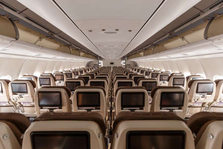 Zurich, Switzerland - July 22, 2020: Swiss Airbus A340-300 airplane Economy Class cabin at Zurich Airport (ZRH) in Switzerland.のeditorial素材