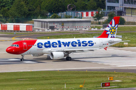 Zurich, Switzerland - July 22, 2020: Edelweiss Airbus A320 airplane at Zurich Airport (ZRH) in Switzerland. Airbus is a European aircraft manufacturer based in Toulouse, France.のeditorial素材