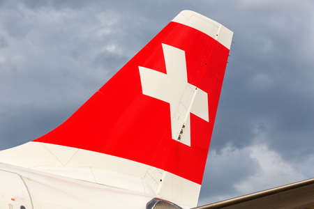Zurich, Switzerland - July 22, 2020: Swiss Airbus A330-300 airplane tail at Zurich Airport (ZRH) in Switzerland.のeditorial素材