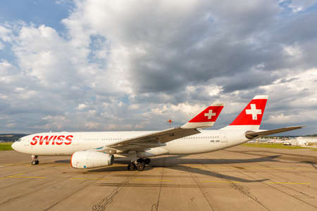 Zurich, Switzerland - July 22, 2020: Swiss Airbus A330-300 airplane at Zurich Airport (ZRH) in Switzerland. Airbus is a European aircraft manufacturer based in Toulouse, France.のeditorial素材