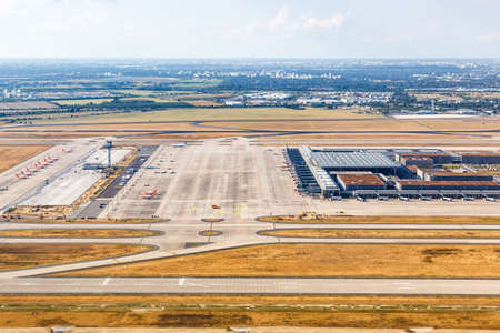 Berlin, Germany - August 19, 2020: Berlin Brandenburg BER Airport Terminal aerial view photo in Germany.のeditorial素材