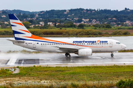 Corfu, Greece - September 18, 2020: Smartwings Boeing 737-700 airplane at Corfu Airport in Greece. Boeing is an American aircraft manufacturer headquartered in Chicago.のeditorial素材