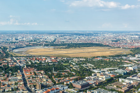 Berlin, Germany - August 19, 2020: Former Berlin Tempelhof Airport aerial view photo in Germany.のeditorial素材