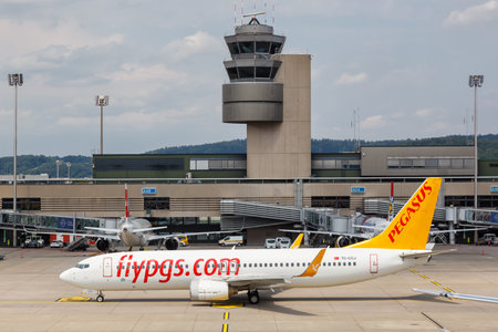Zurich, Switzerland - July 22, 2020: Pegasus Airlines Boeing 737-800 airplane at Zurich Airport (ZRH) in Switzerland. Boeing is an American aircraft manufacturer headquartered in Chicago.のeditorial素材