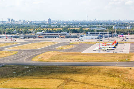 Berlin, Germany - August 19, 2020: Berlin Schoenefeld SXF Airport Terminal aerial photo view in Germany.のeditorial素材