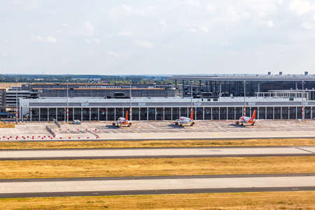 Berlin, Germany - August 19, 2020: Berlin Brandenburg BER Airport North Pier Terminal aerial view photo in Germany.のeditorial素材