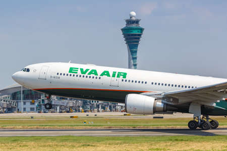 Guangzhou, China - September 23, 2019: EVA Air Airbus A330-300 airplane at Guangzhou Baiyun Airport in China. Airbus is a European aircraft manufacturer based in Toulouse, France.のeditorial素材
