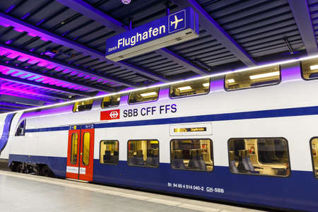 Zurich, Switzerland - September 23, 2020: Siemens Desiro Double Deck S-Bahn train at Zurich Airport railway station in Switzerland.のeditorial素材