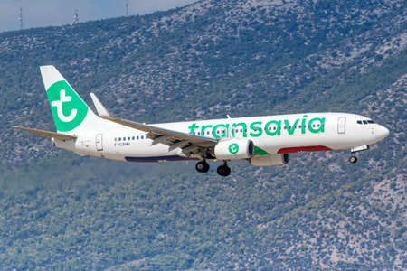 Athens, Greece - September 22, 2020: Transavia Boeing 737-800 airplane at Athens Airport in Greece. Boeing is an American aircraft manufacturer headquartered in Chicago.のeditorial素材