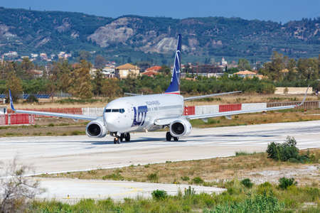 Zakynthos, Greece - September 21, 2020: LOT Polish Airlines Boeing 737-800 airplane at Zakynthos Airport in Greece. Boeing is an American aircraft manufacturer headquartered in Chicago.のeditorial素材