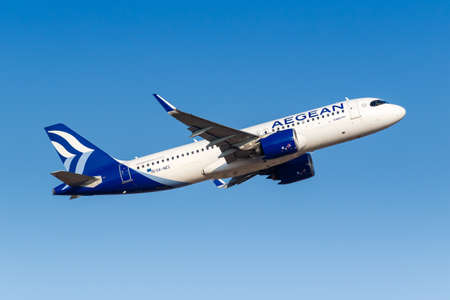 Athens, Greece - September 22, 2020: Aegean Airlines Airbus A320neo airplane at Athens Airport in Greece. Airbus is a European aircraft manufacturer based in Toulouse, France.のeditorial素材