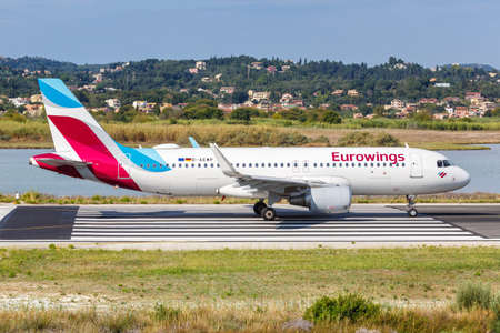 Corfu, Greece - September 17, 2020: Eurowings Airbus A320 airplane at Corfu Airport in Greece. Airbus is a European aircraft manufacturer based in Toulouse, France.のeditorial素材