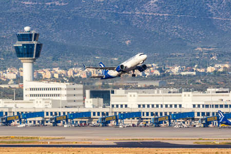 Athens, Greece - September 22, 2020: Aegean Airlines Airbus A320neo airplane at Athens Airport in Greece. Airbus is a European aircraft manufacturer based in Toulouse, France.のeditorial素材