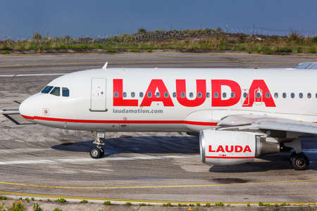 Corfu, Greece - September 19, 2020: Lauda Airbus A320 airplane at Corfu Airport in Greece. Airbus is a European aircraft manufacturer based in Toulouse, France.のeditorial素材