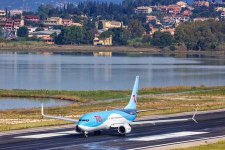 Corfu, Greece - September 19, 2020: TUI Boeing 737-800 airplane at Corfu Airport in Greece. Boeing is an American aircraft manufacturer headquartered in Chicago.のeditorial素材