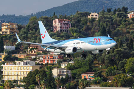 Corfu, Greece - September 19, 2020: TUI Boeing 737-800 airplane at Corfu Airport in Greece. Boeing is an American aircraft manufacturer headquartered in Chicago.のeditorial素材
