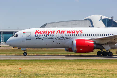 Guangzhou, China - September 23, 2019: Kenya Airways Boeing 787-8 Dreamliner airplane at Guangzhou Baiyun Airport in China. Boeing is an American aircraft manufacturer headquartered in Chicago.のeditorial素材