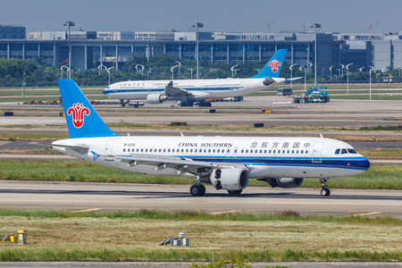 Guangzhou, China - September 24, 2019: China Southern Airlines Airbus A320 airplane at Guangzhou Baiyun Airport in China. Airbus is a European aircraft manufacturer based in Toulouse, France.のeditorial素材