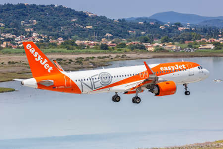 Corfu, Greece - September 19, 2020: EasyJet Airbus A320neo airplane at Corfu Airport in Greece. Airbus is a European aircraft manufacturer based in Toulouse, France.のeditorial素材