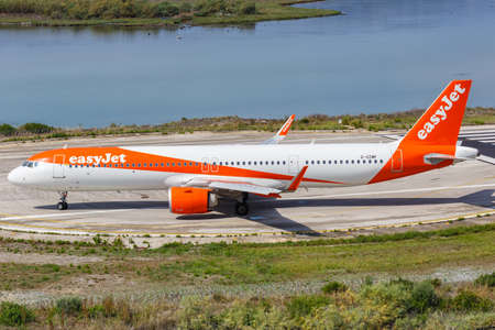 Corfu, Greece - September 19, 2020: EasyJet Airbus A321neo airplane at Corfu Airport in Greece. Airbus is a European aircraft manufacturer based in Toulouse, France.のeditorial素材