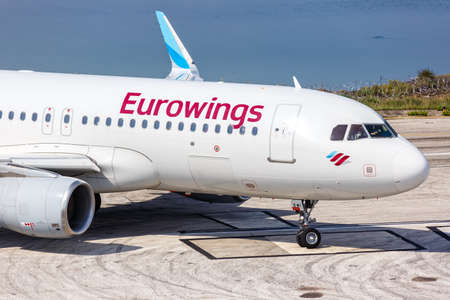 Corfu, Greece - September 19, 2020: Eurowings Airbus A320 airplane at Corfu Airport in Greece. Airbus is a European aircraft manufacturer based in Toulouse, France.のeditorial素材