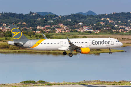 Corfu, Greece - September 19, 2020: Condor Airbus A321 airplane at Corfu Airport in Greece. Airbus is a European aircraft manufacturer based in Toulouse, France.のeditorial素材