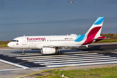Corfu, Greece - September 19, 2020: Eurowings Airbus A319 airplane at Corfu Airport in Greece. Airbus is a European aircraft manufacturer based in Toulouse, France.のeditorial素材