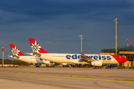 Zurich, Switzerland - July 22, 2020: Edelweiss Airbus A330-300 airplanes at Zurich Airport in Switzerland. Airbus is a European aircraft manufacturer based in Toulouse, France.のeditorial素材