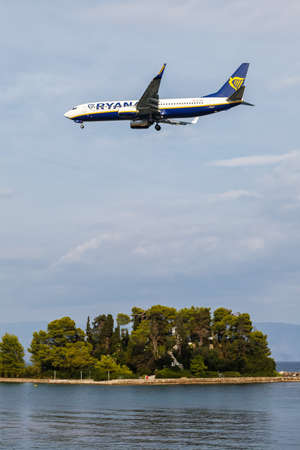 Corfu, Greece - September 19, 2020: Ryanair Boeing 737-800 airplane at Corfu Airport in Greece. Boeing is an American aircraft manufacturer headquartered in Chicago.のeditorial素材
