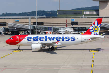 Zurich, Switzerland - July 22, 2020: Edelweiss Airbus A320 airplanes at Zurich Airport in Switzerland. Airbus is a European aircraft manufacturer based in Toulouse, France.のeditorial素材