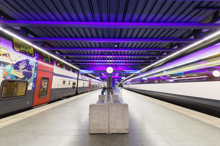 Zurich, Switzerland - September 23, 2020: Trains at Zurich Airport railway station in Switzerland.のeditorial素材