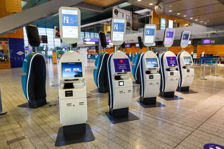 Luxembourg, Luxembourg - June 23, 2020: Check-in machines at Terminal building of Luxembourg Airport...
