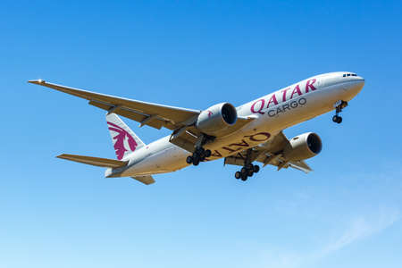 Luxembourg, Luxembourg - June 24, 2020: Qatar Airways Cargo Boeing 777F airplane at Luxembourg Airport in Luxembourg.のeditorial素材
