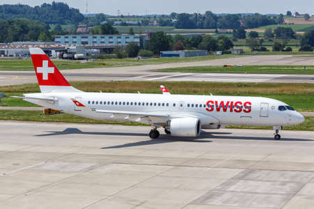 Zurich, Switzerland - July 22, 2020: Swiss Airbus A220-300 airplane at Zurich Airport in Switzerland.のeditorial素材