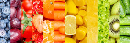 Collection of fruits and vegetables fruit collage background with berries and carrots freshの写真素材